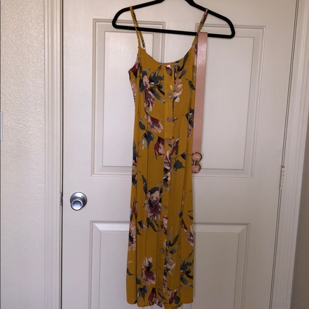 Mustard Floral Midi Dress w/ Nude Belt